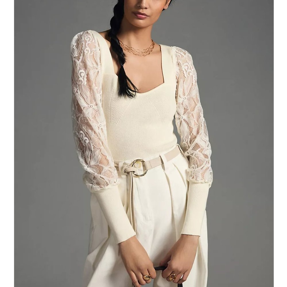 By Anthropologie Lace-Sleeve Sweater Blouse Ivory Cream White - Large